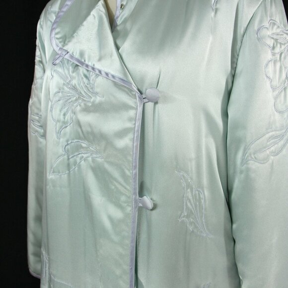 Vintage Natori Satin Floral Embroidered Full Length Winter Robe Lounge Blue M - Picture 6 of 14